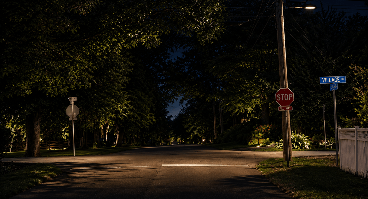 Brentwood Fairfax street at night with warm porch lights